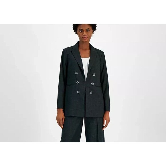 Tahari ASL Women's Peak-Lapel Woven Boyfriend Topper Blazer Jacket Dark Green 8 - Picture 1 of 11